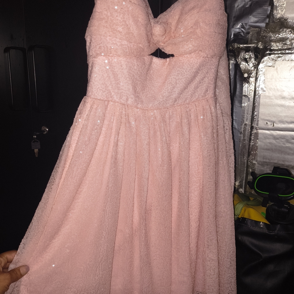 Strapless Pink Sequin Prom Dress with Full Skirt